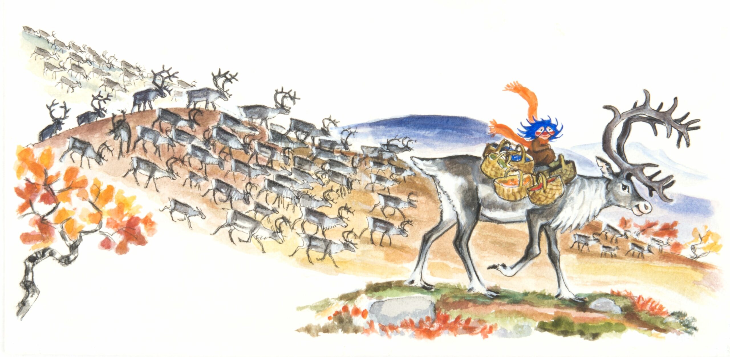 Illustration av Plupp som rider på en ren bland en renhjord